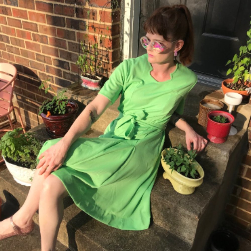 Groovy 1970 Jungle Green Tie-Waist Dress - Size Medium; Flawless Condition